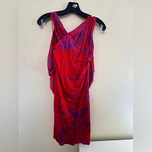 Halston Heritage Red and Purple Ruched One Shoulder Cocktail Dress